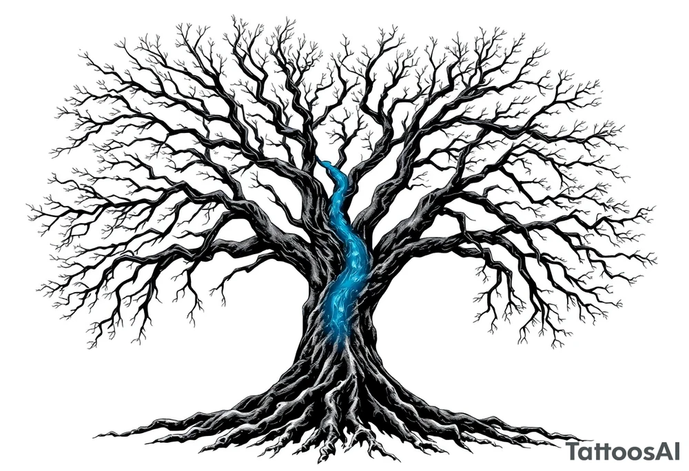 Black and white deciduos Tree with roots. Blue water inside the whole tree in many thin veins. flows from the brunches to the roots tattoo idea