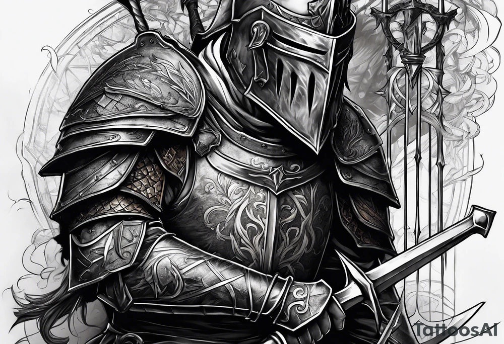 Side profile of a dying knight on his knees with five arrows sticking out of his back tattoo idea
