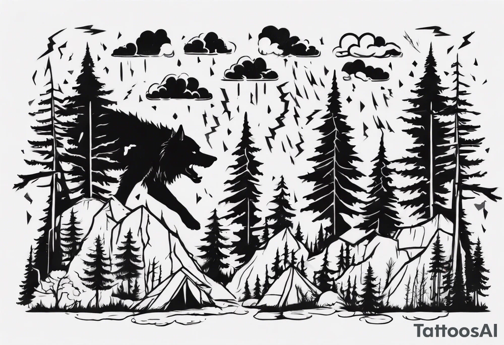 a thunder and lightning storm over a forest with a distant wolf howling and a drums tattoo idea