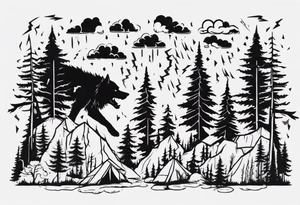 a thunder and lightning storm over a forest with a distant wolf howling and a drums tattoo idea