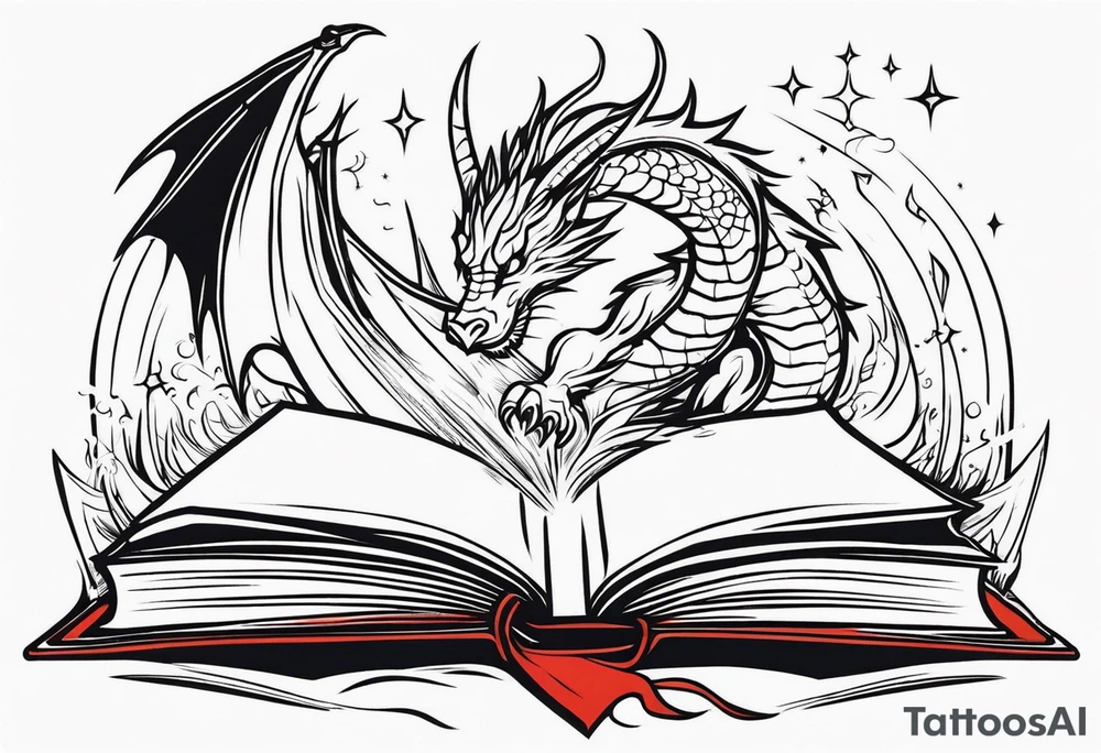 an empty open book with a sword through it, dragons and sparks surrounding the book. small design tattoo idea