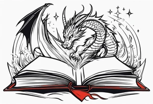 an empty open book with a sword through it, dragons and sparks surrounding the book. small design tattoo idea