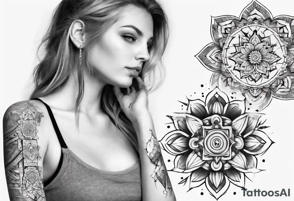 tattoo on both arms going to the chest. mixing mandalas with beautiful girls mix of geometric objects tattoo idea