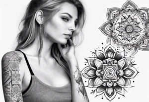 tattoo on both arms going to the chest. mixing mandalas with beautiful girls mix of geometric objects tattoo idea