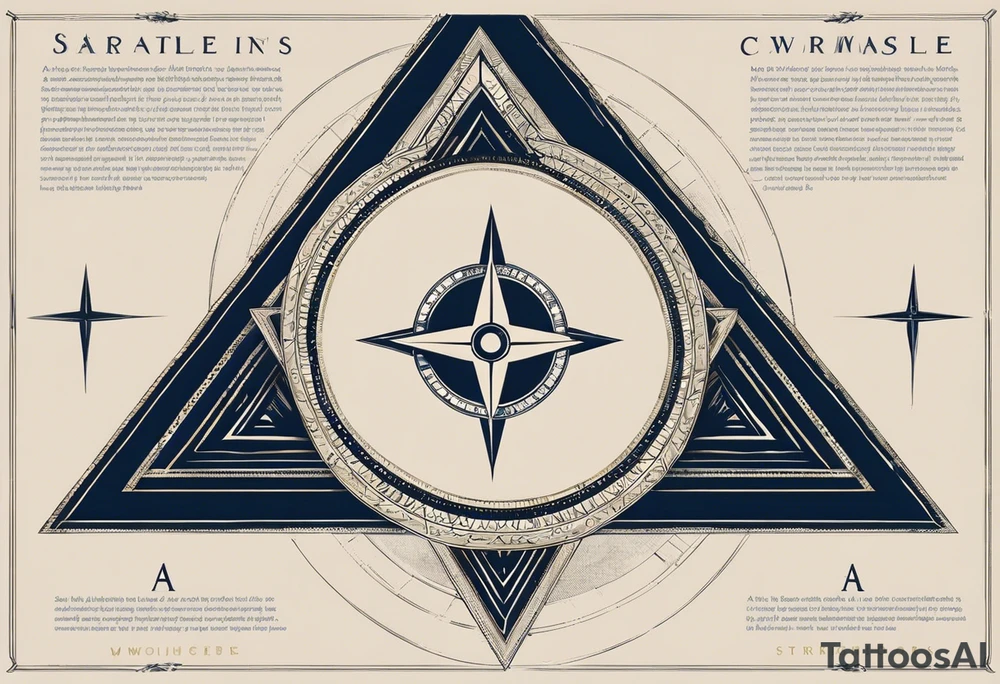 Design Layout
Primary Shape: A triangle as the main framing element, representing harmony and balance. The triangle contains and organizes all other elements inside and around it.
Central Element: Compass in the center of the triangle, symbolizing guidance and direction.
Symbol Placement and Details
Anchor (Strength): Positioned at the lower-left point of the triangle, grounded and stable to represent strength and resilience.
Heart (Love): Placed near the upper-left of the triangle, symbolizing love as a core value.
Olive Branch (Peace): Located at the upper-right of the triangle, with soft, curved lines to convey calmness and peace.
Open Hand (Kindness): Positioned at the lower-right point of the triangle, slightly reaching out or open to symbolize kindness and generosity.
Lotus Flower (Compassion): In the center of the triangle surrounding or beneath the compass, symbolizing personal growth, compassion, and enlightenment.
Chain Link (Loyalty): Integrated into one side of the triangle’s border or framing, symbolizing unbreakable bonds and loyalty.
Sun (Goodness): Above or behind the triangle, radiating subtly to symbolize light, warmth, and goodness.
Clear Open Eye (Honesty): Near the compass or positioned centrally within the triangle, representing clarity, insight, and honesty. tattoo idea