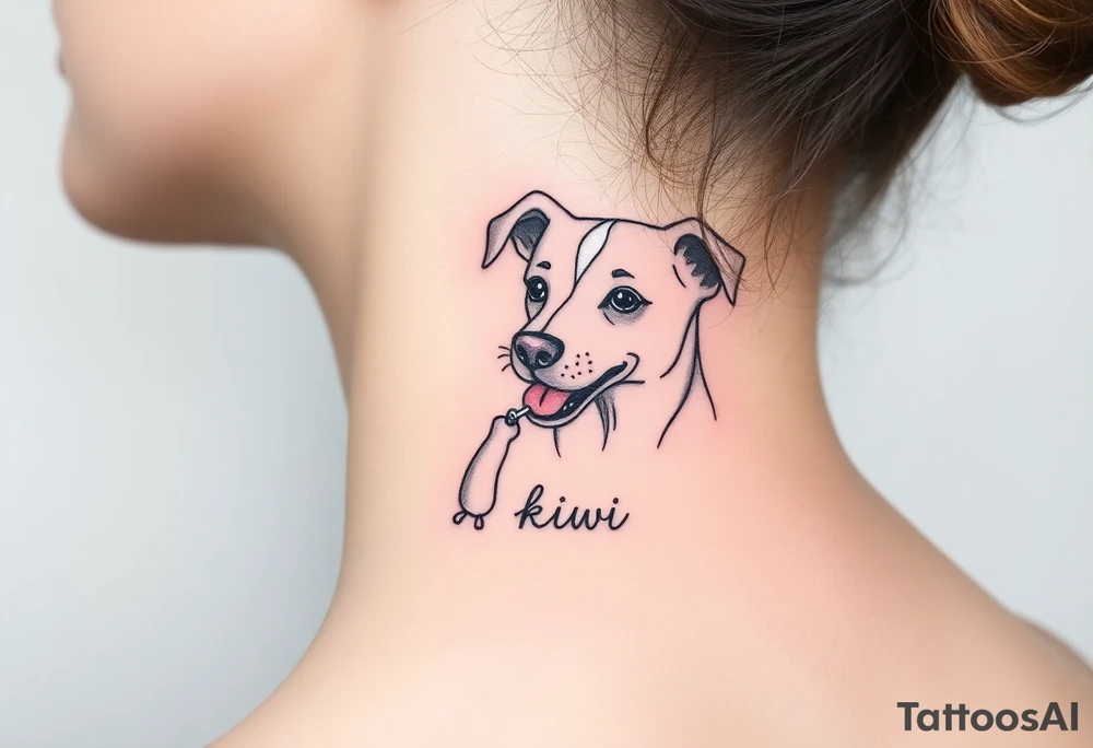 One line tattoo of female dog with white strip going up dog’s snout slightly off centered. With  toy and the dogs tongue slightly out and the name kiwi and an Aquarius them to it . Just the colors black  white brown and green tattoo idea