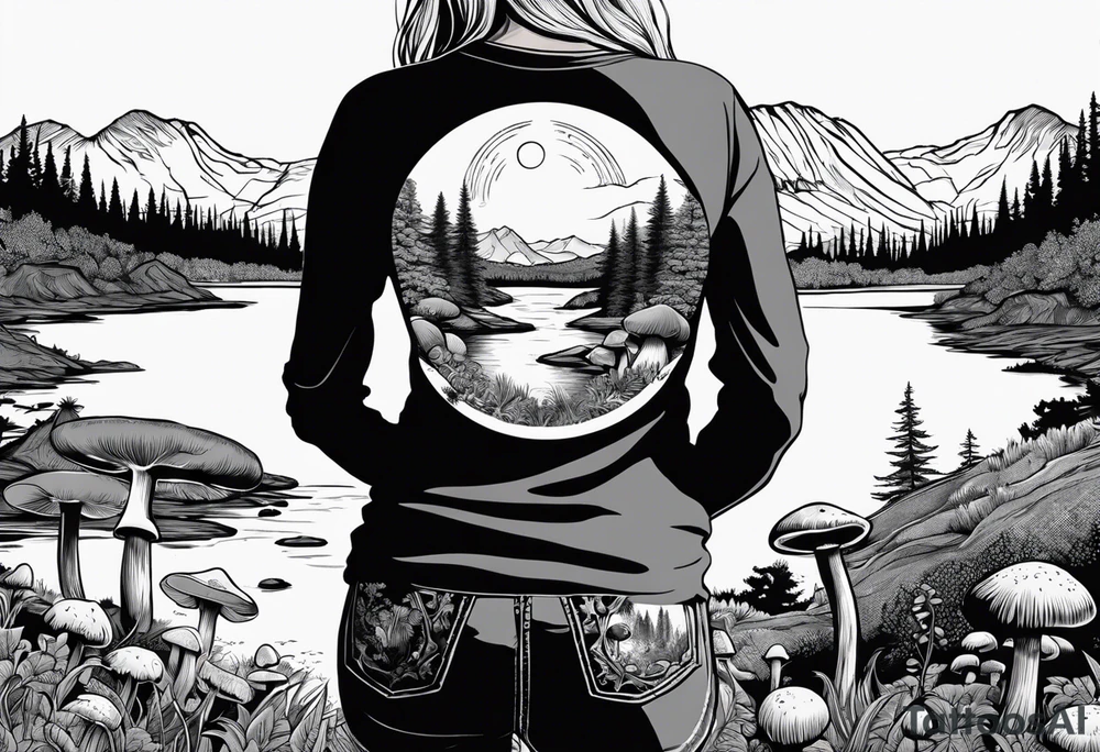Whole picture encircled fully

Straight long blonde hair hippie girl in distance holding mushrooms in hand facing away toward mountains and creek surrounded by mushrooms long sleeve shirt and hiking pants; whole rendering within a full circle, no cut off circle tattoo idea