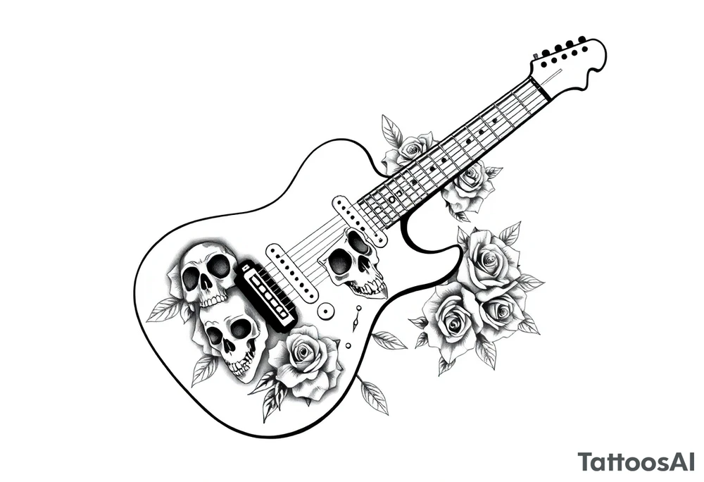 Electric guitar with skulls and roses printed on it tattoo idea