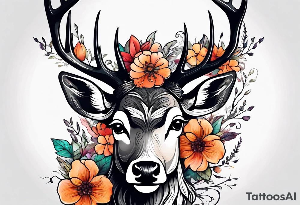 deer with antlers in flower tattoo idea