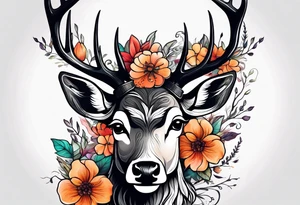 deer with antlers in flower tattoo idea