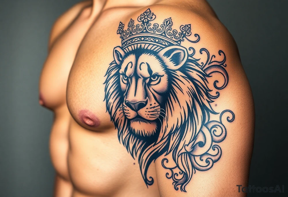 majestic lion wearing ornate crown, surrounded by baroque flourishes tattoo idea