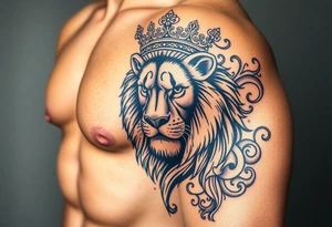 majestic lion wearing ornate crown, surrounded by baroque flourishes tattoo idea