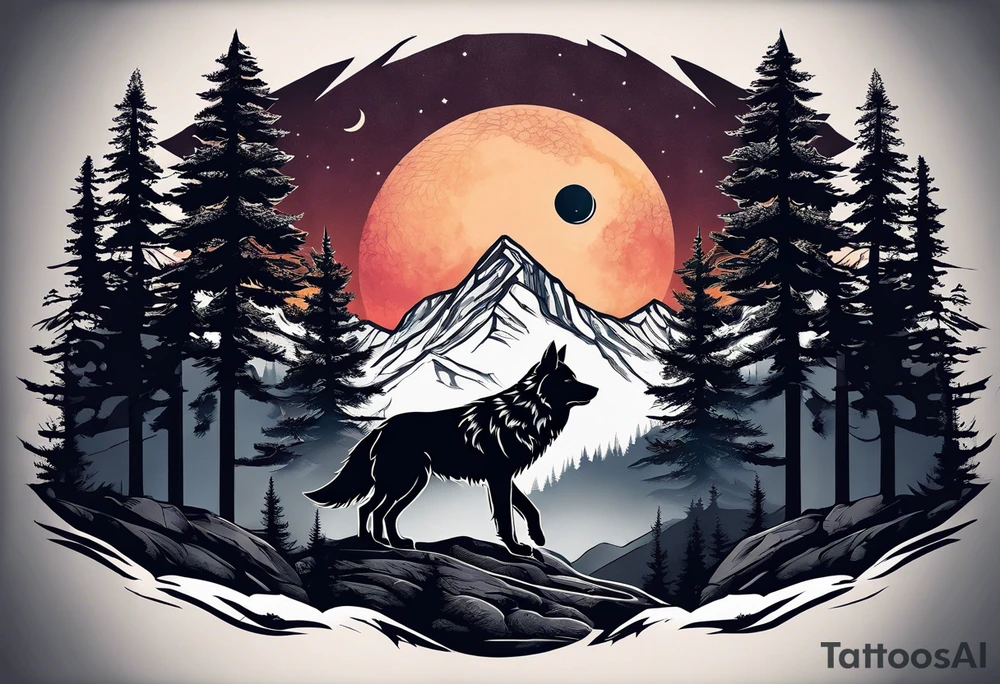 Half sleeve from shoulder
Peaks of mountains with a moon behind it
Dark woods below the mountains with a narrow trail with two wolves on bottom of the trails tattoo idea