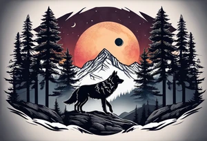 Half sleeve from shoulder
Peaks of mountains with a moon behind it
Dark woods below the mountains with a narrow trail with two wolves on bottom of the trails tattoo idea