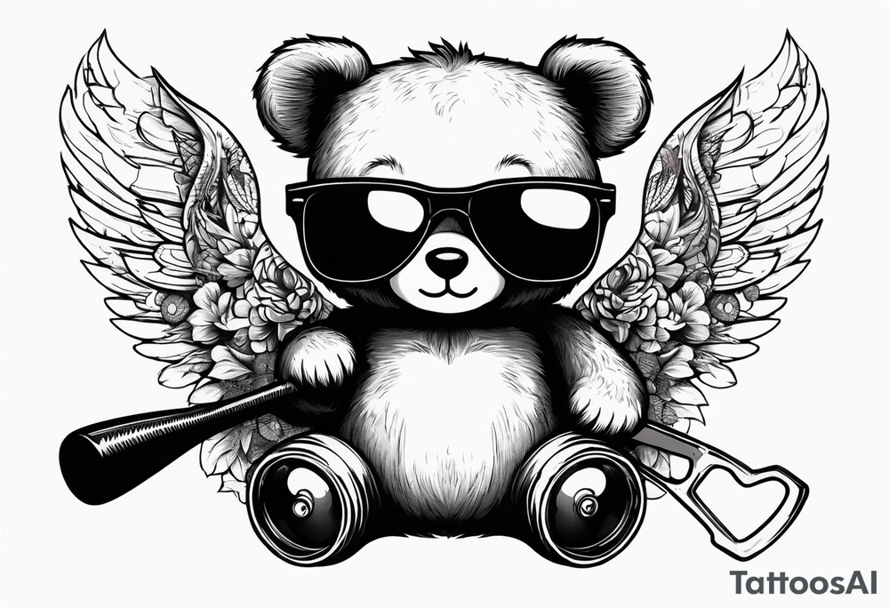 Teddy bear with wings wearing big sunglasses holding a tool tattoo idea