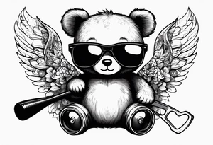 Teddy bear with wings wearing big sunglasses holding a tool tattoo idea