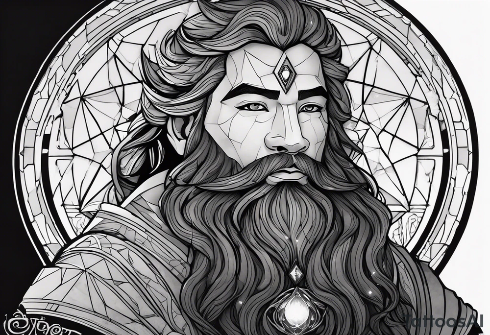 Jehovah looking out at the marvels of his creation from the atoms to the galaxy and celestial beings. With grey wash and a fantasy theme. Jehovah has to be a character who is so majestic, charismatic, immensely powerful. There isnt a single thing he isnt capable of doing. Infinitely powerful forward facing tattoo idea