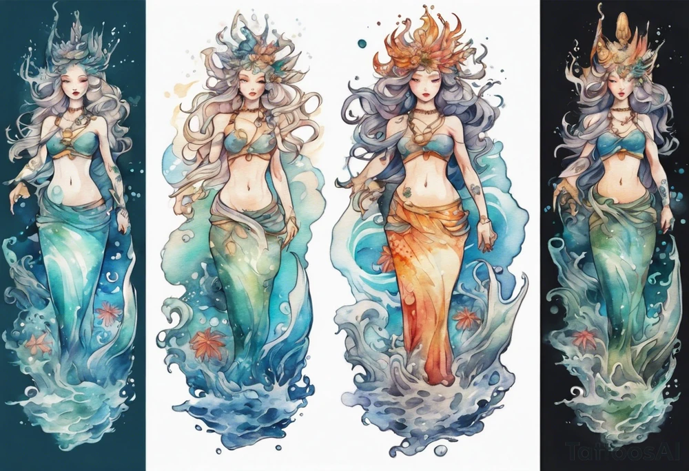 a sea goddess standing on the shore tattoo idea