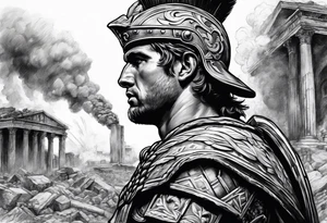 Roman soldier looking right at burning ruins tattoo idea