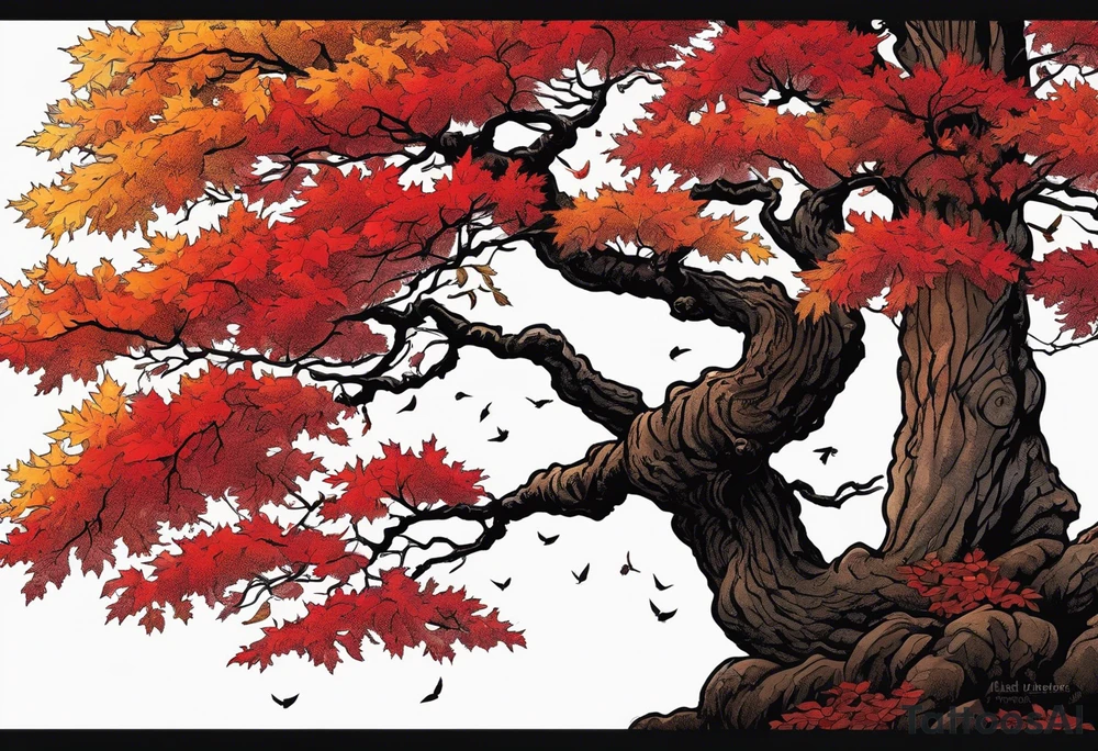 Hikae. A maple tree with red autumn leaves that branches upwards. White-throated dipper bird on the trees branches. Calluna flowers at the base of the trees stem. Tree stem has dark colors. Red/yellow sunset behind the trees stem. Leaves falling. tattoo idea