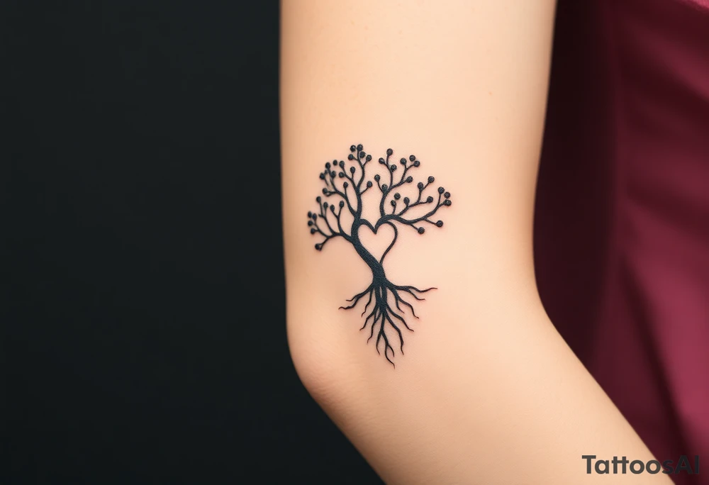 A delicate Amity tree with intertwining roots, shaped into a heart, symbolizing peace and unity, representing sci fi movie Divergent tattoo idea