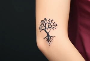 A delicate Amity tree with intertwining roots, shaped into a heart, symbolizing peace and unity, representing sci fi movie Divergent tattoo idea