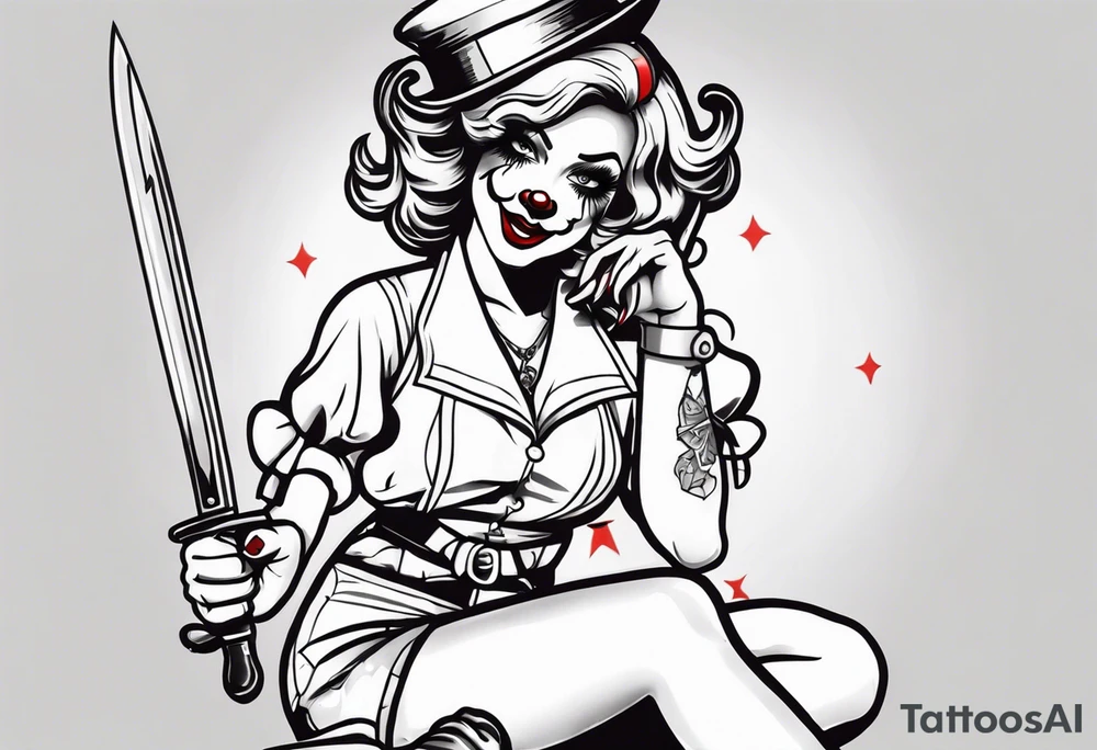 full body female pin up clown holding knife tattoo idea