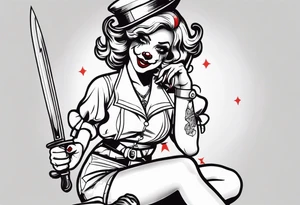full body female pin up clown holding knife tattoo idea