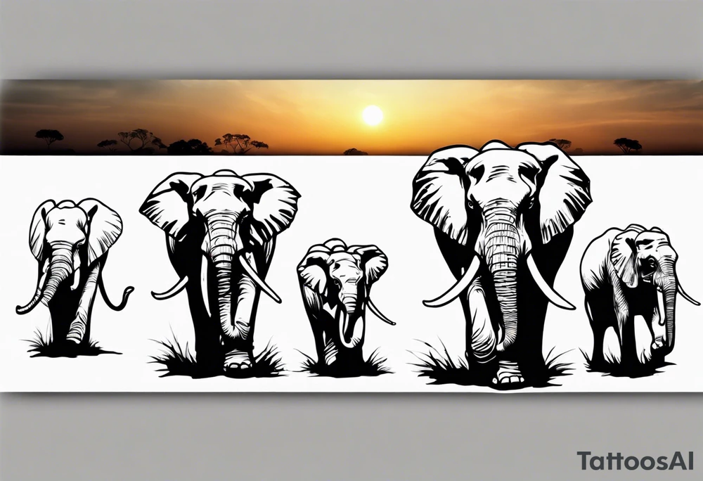 family of 6 elephants walking into sunset tattoo idea