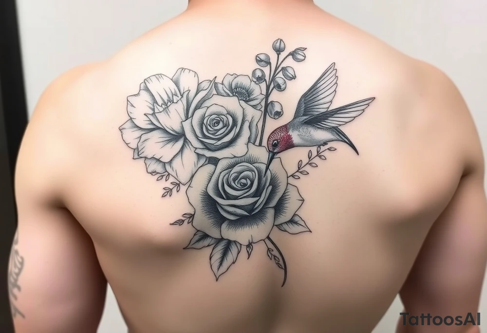 Bouquet of flowers with a carnation, rose, Lily of the valley, delphinium with stems Starting upper middle back to right shoulder With humming bird feeding on rose tattoo idea