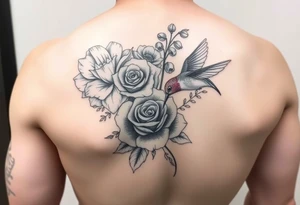 Bouquet of flowers with a carnation, rose, Lily of the valley, delphinium with stems Starting upper middle back to right shoulder With humming bird feeding on rose tattoo idea