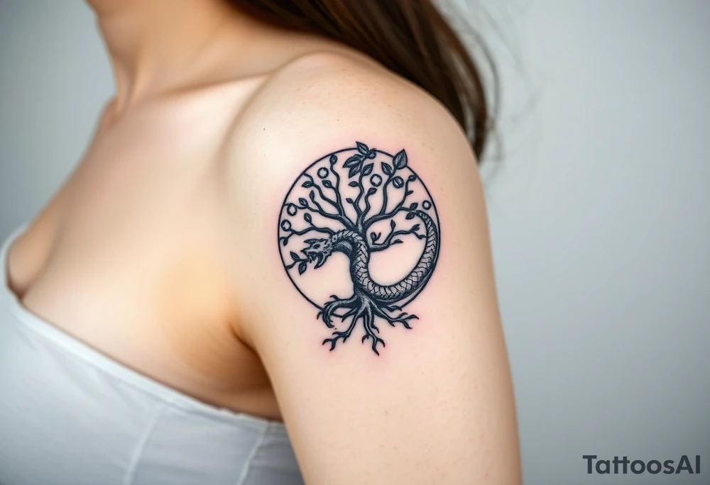 a dragon forming a circle with its body.  the dragon encircles the tree of life.   the tree of life has fruit  and the dragon is eating the fruit. the roots of the tree are strangling the tail of the dragon tattoo idea