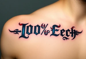 "100% Čech" in bold Gothic script, infused with dynamic blue and red flame details tattoo idea