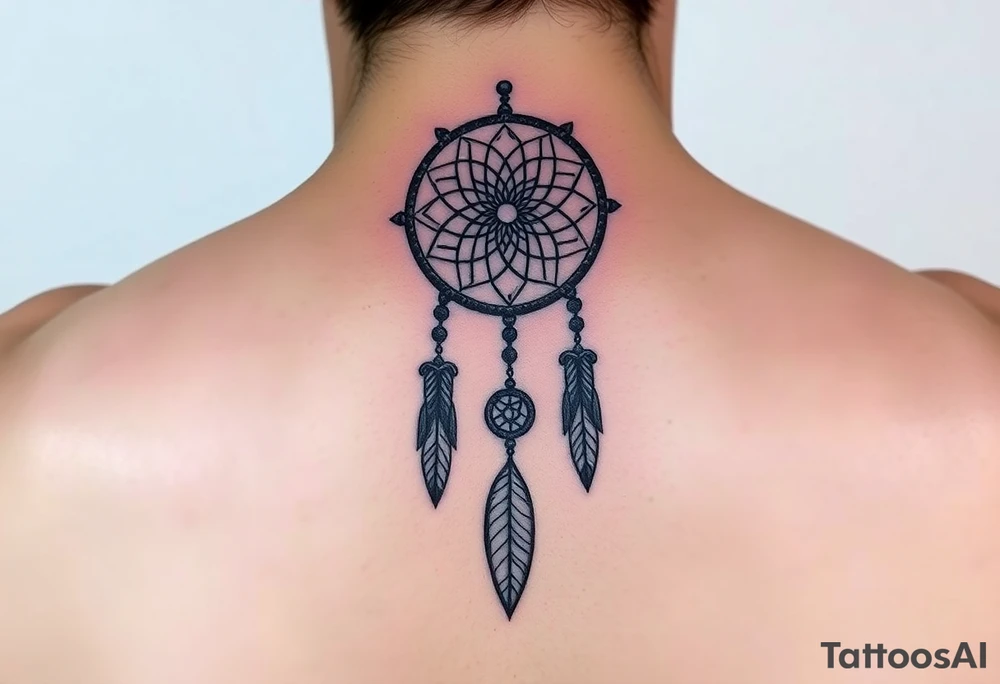 Neck piece with a beautiful dream catcher with 3 names attached to the leaves tattoo idea