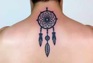 Neck piece with a beautiful dream catcher with 3 names attached to the leaves tattoo idea