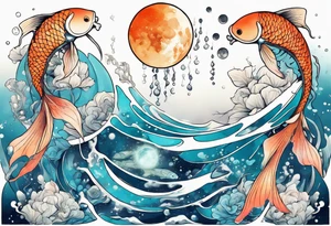 Water scene, featuring koi karp, jellyfish, the moon. With nods to Pisces. tattoo idea