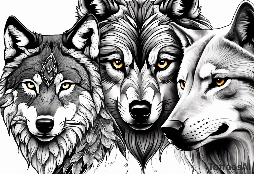 A Wolf as a father, an owl as the son and a lioness as the daughter. tattoo idea