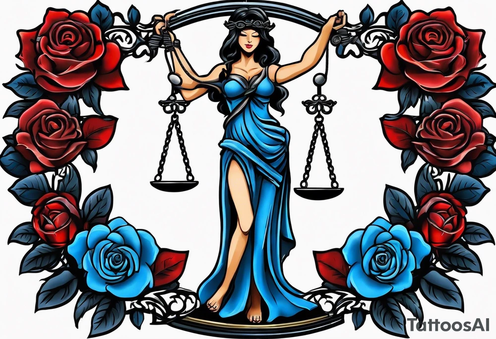 Lady Justice, 
Blindfold:
Scales: 
 Lady Justice is shown with black hair, which is a unique artistic choice compared to the more traditional representations. The scales, blindfold, and sword are all present, adhering to the classic iconography but with a modern and colorful twist. blue roses frames, background blue,present it in a tattoo tattoo idea