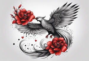 elongated phoenix in flight 
in profile long tail with claws holding red flowers falling tattoo idea