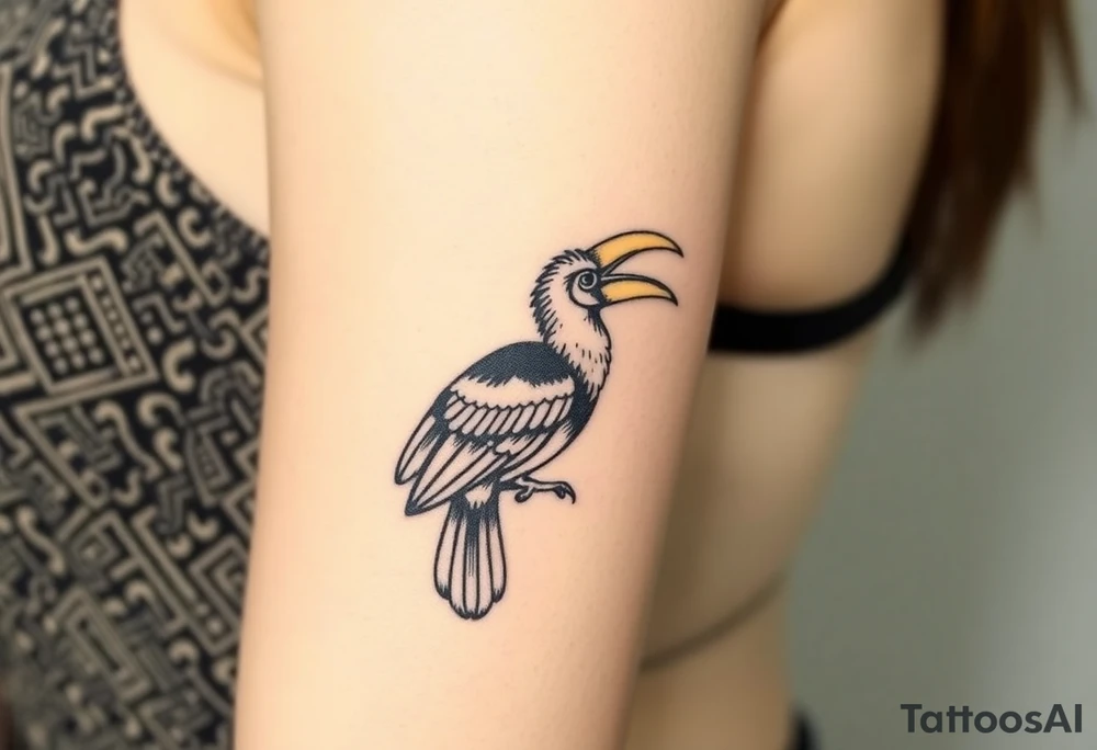 image of a Kalimantan ivory-horned hornbill with a Dayak motif woven background tattoo idea
