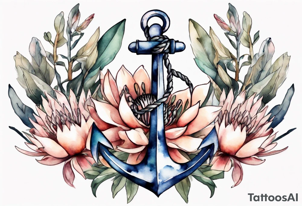 Very feminine tattoo of an anchor with protea flowers tattoo idea