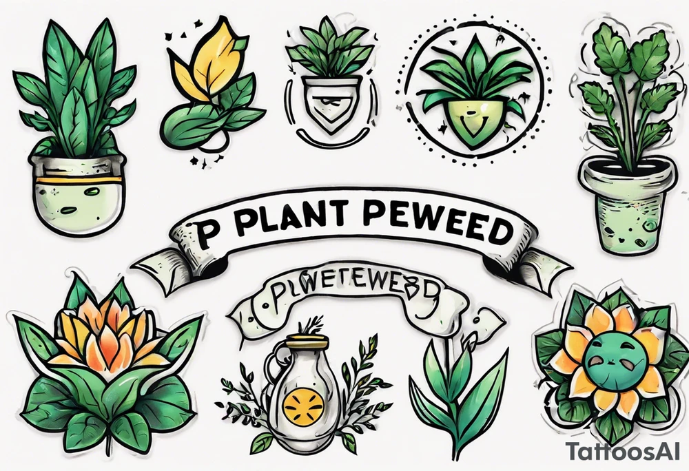 Arm band tattoo spelling ‘Plant Powered’ with plants tattoo idea