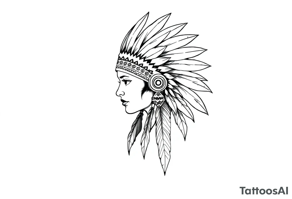 Female Native American detailed feather headdress tattoo idea