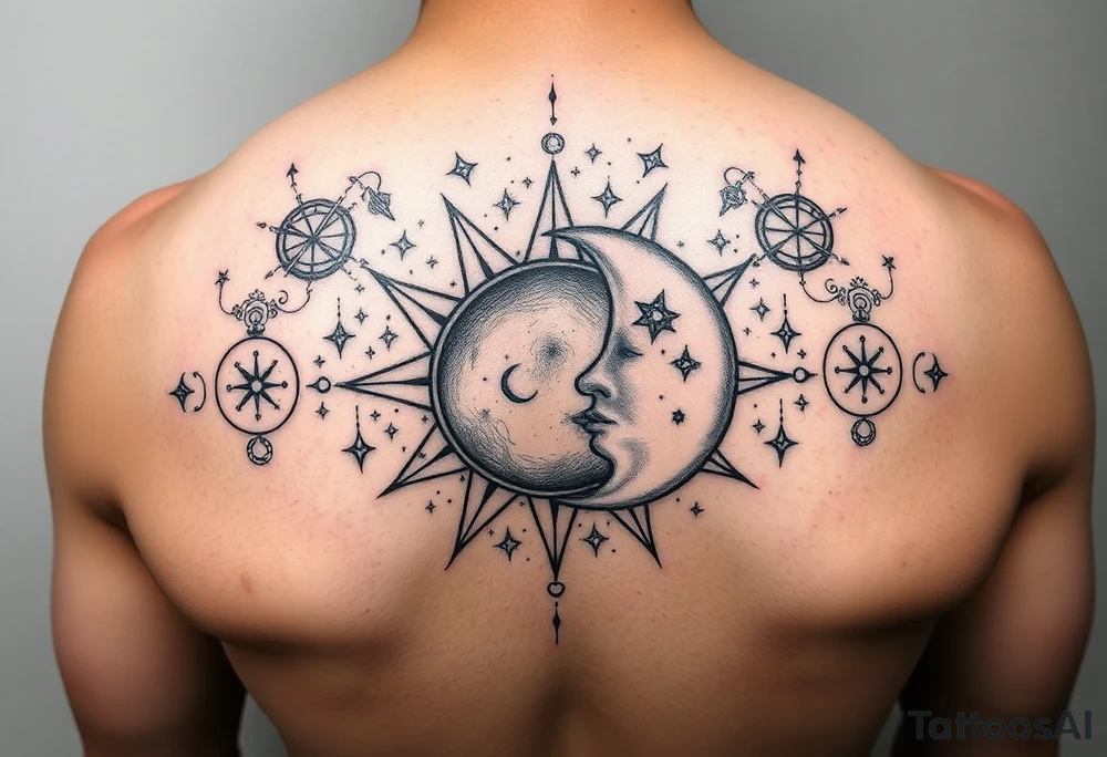 celestial sun and moon embrace with constellation patterns tattoo idea