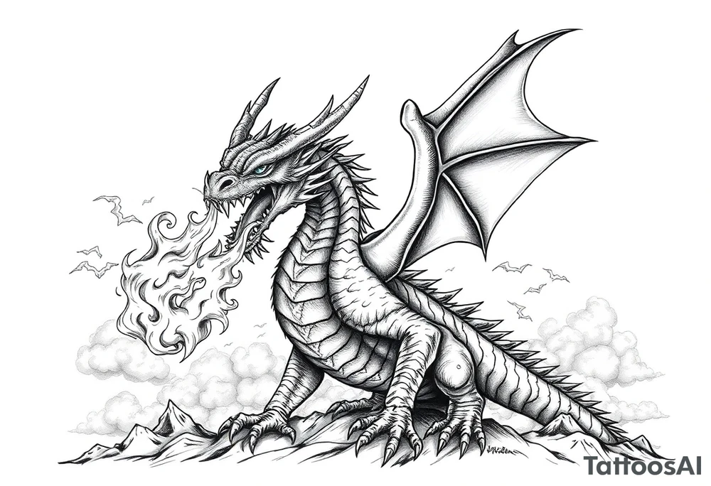 fierce dragon breathing iridescent fire against stormy skies tattoo idea