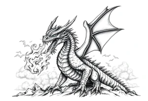 fierce dragon breathing iridescent fire against stormy skies tattoo idea