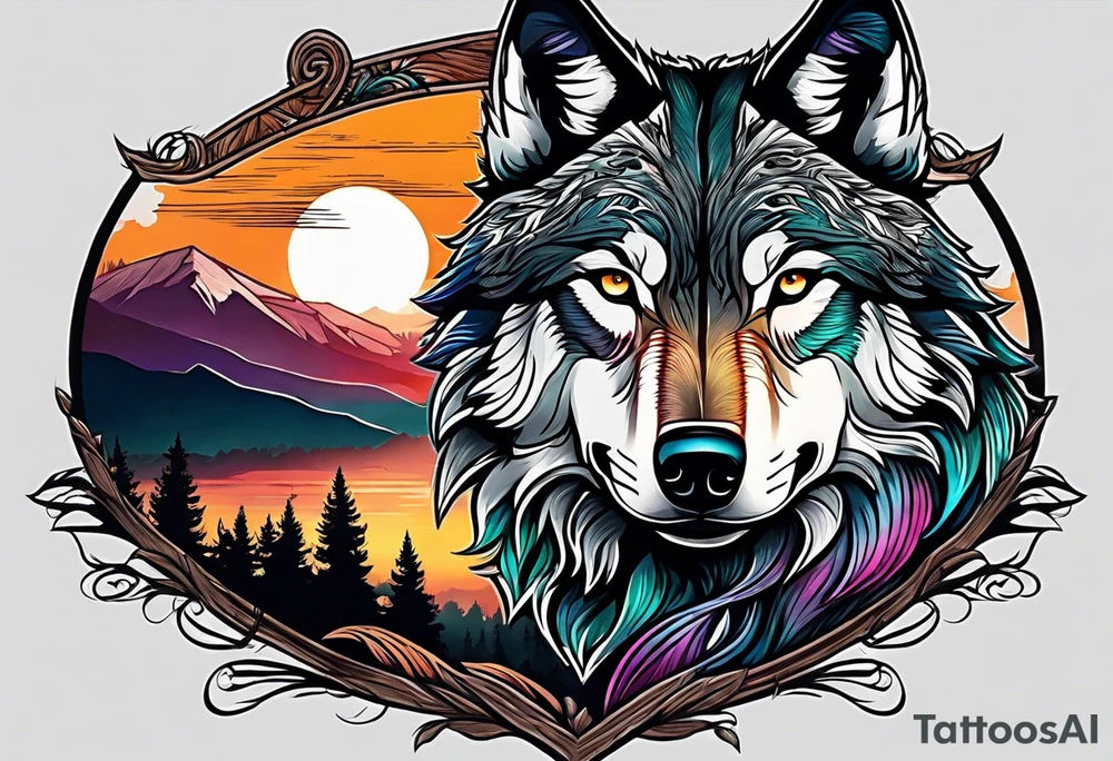 Wolves spouses
Dark woods
Mountains
Sunset tattoo idea