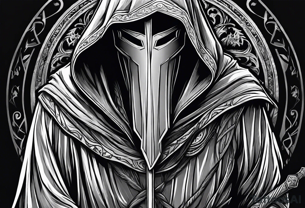 Hooded figure with no face carrying wooden staff with gem on top and wearing a long tattered cloak tattoo idea