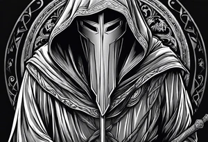 Hooded figure with no face carrying wooden staff with gem on top and wearing a long tattered cloak tattoo idea
