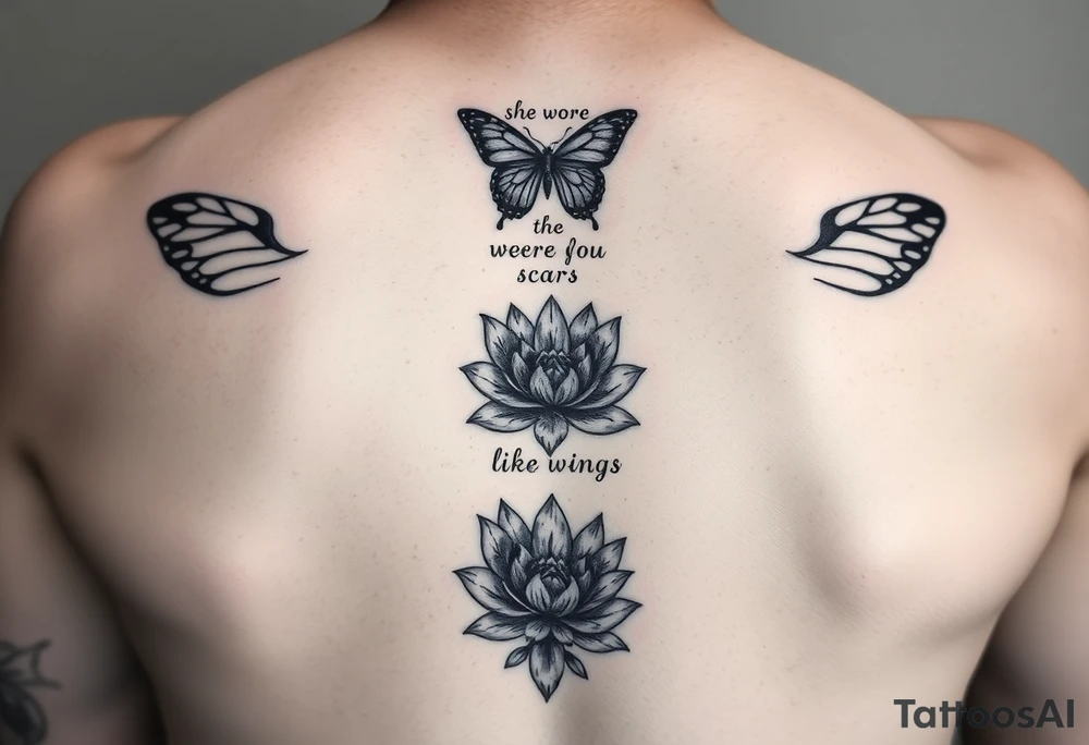 butterfly with cracked wings and lotus flower with quote that says “she wore her scars like wings” all down spine but very elegant towards lower back and small tattoo idea